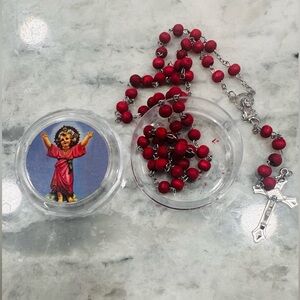 Rose Scented Red Wood Rosary Necklace, Acrylic Box w Divine Jesus Child Sticker
